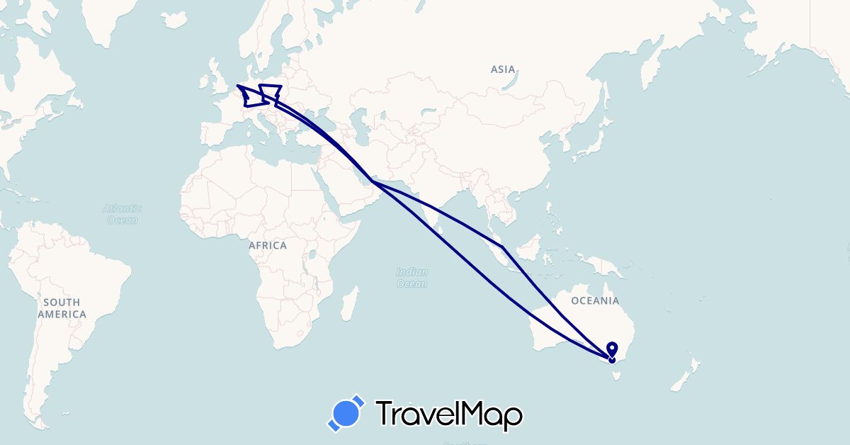 TravelMap itinerary: driving in United Arab Emirates, Austria, Australia, Switzerland, Czech Republic, Germany, France, Hungary, Netherlands, Poland, Singapore (Asia, Europe, Oceania)